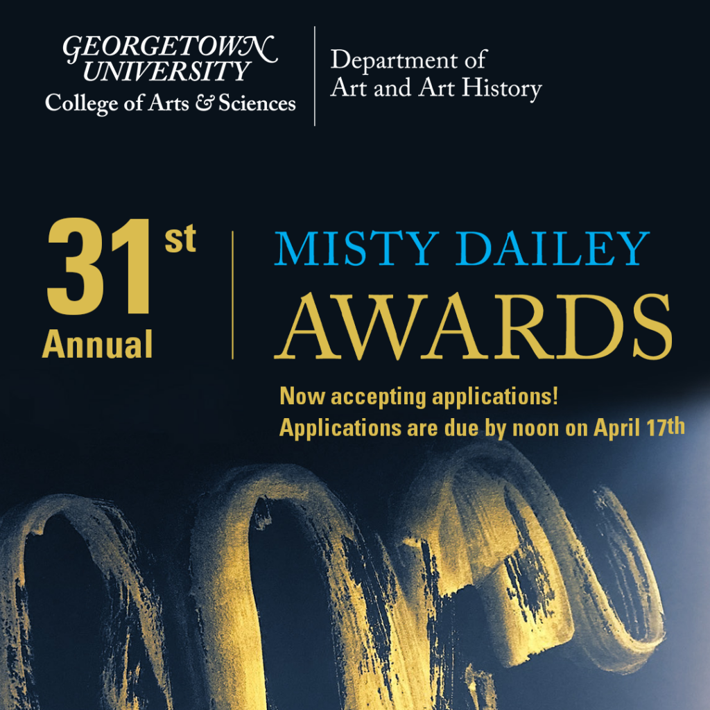A navy blue square graphic that reads 31st annual misty dailey awards now accepting applications! applications are due by noon on april 17th