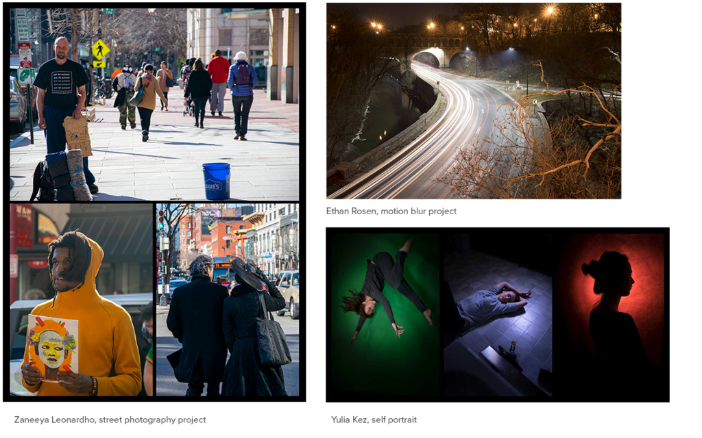 A grid of five photos showing student work, by Zaneeya Leonardho, Ethan Rosen, and Yulia Kenz.