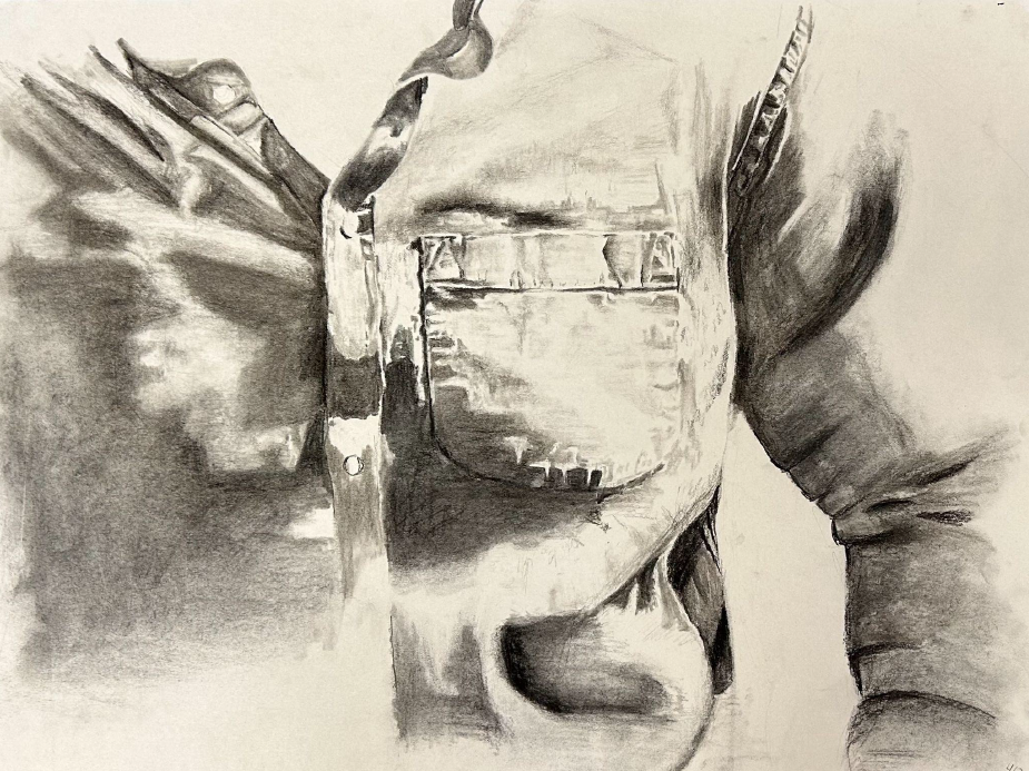 A charcoal drawing showing the top of a torso wearing a long sleeved button up shirt. The drawing focuses on the wrinkled fabric on the bust and arm.