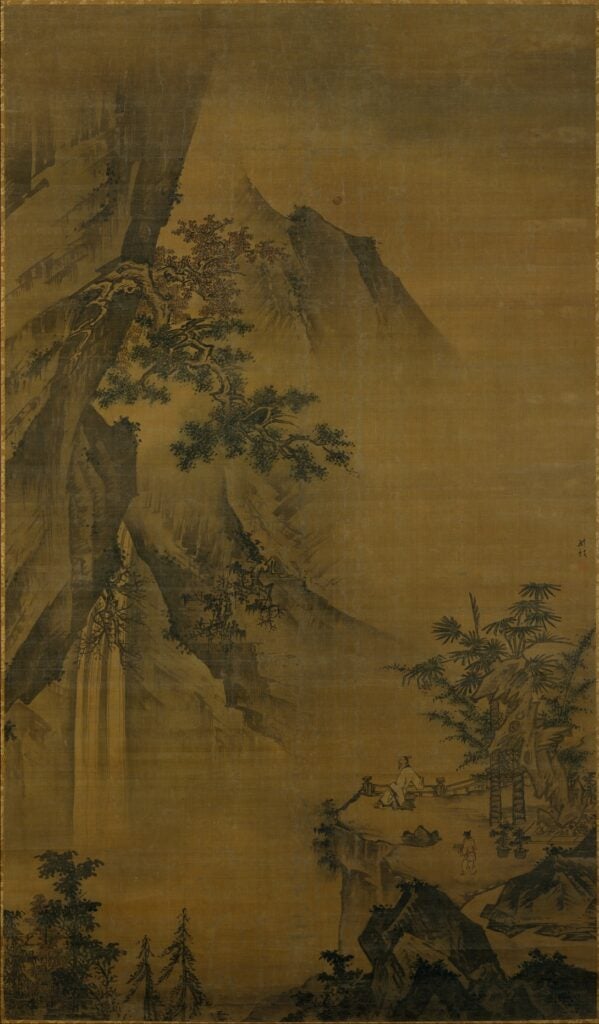 landscape scroll depicting a the misty atmosphere, steep cliffs, and tangled tree brunches 