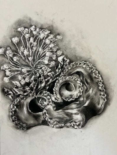 A charcoal drawing of octopus tentacles curling upward to form a vase, which holds a bouquet of small flowers. 