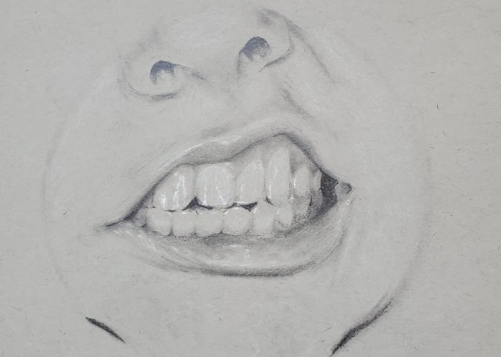 A softly shaded drawing of a sneering mouth, lip raised and teeth exposed. 