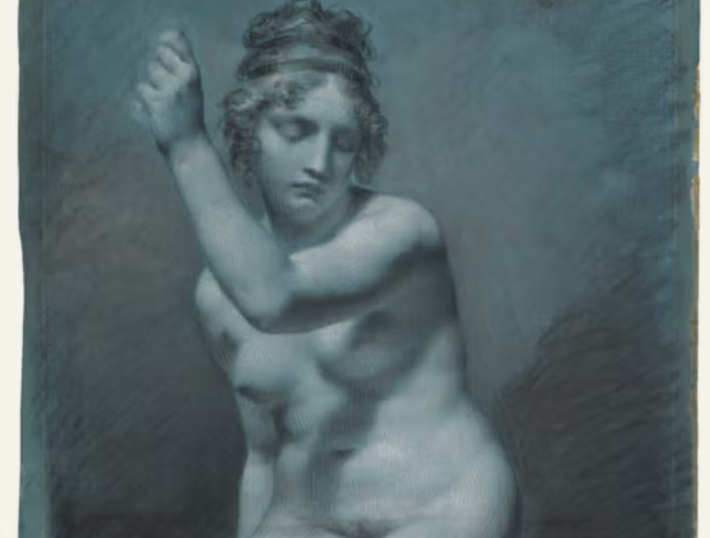 A soft, blue-tinged drawing of a nude woman holding her left arm slightly up in the air, while she looks across her raised arm, her eyes downcast. 