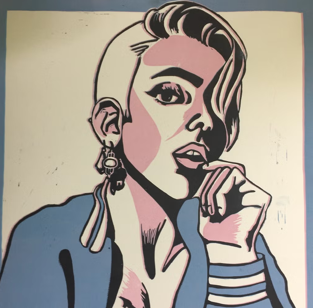 A linocut portrait of a person with short hair with an arm up to their mouth, wearing a blue jacket.