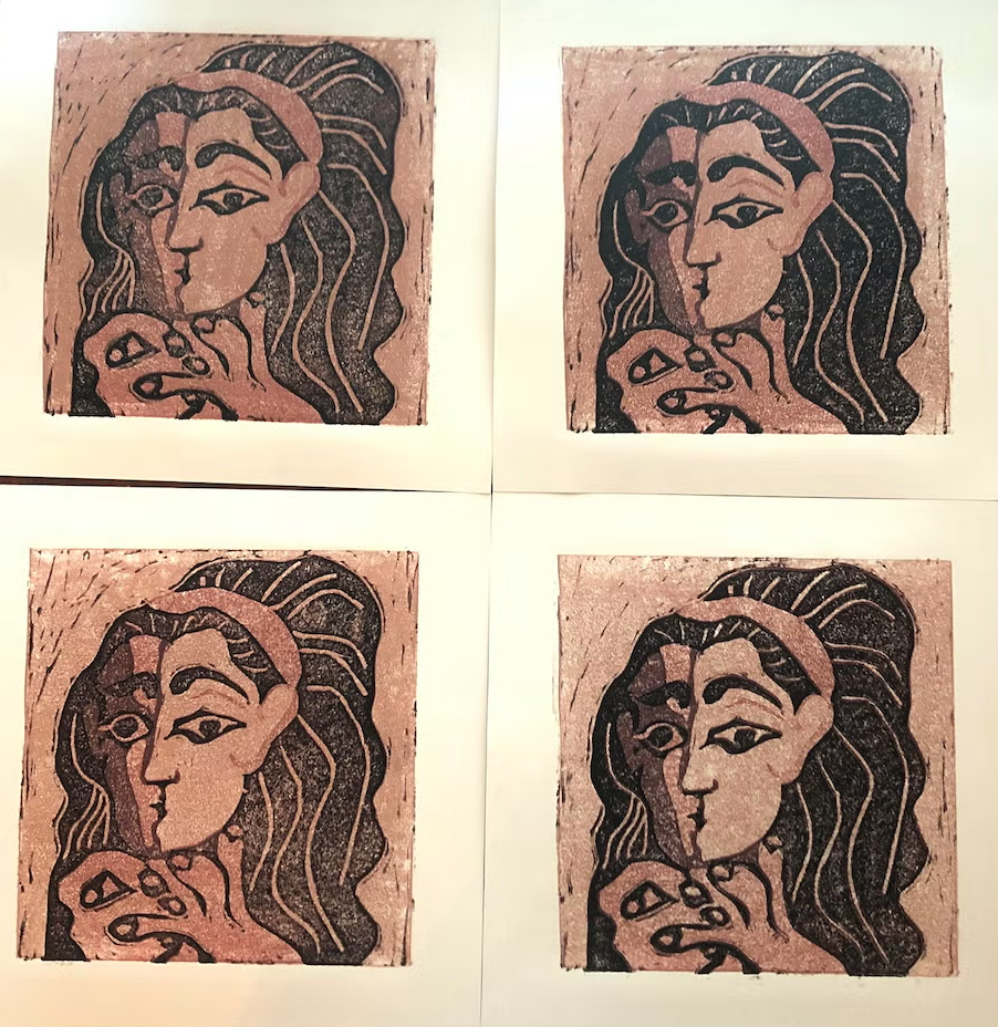 A grid of four linocut prints, each a portrait of a woman in the style of Picasso.