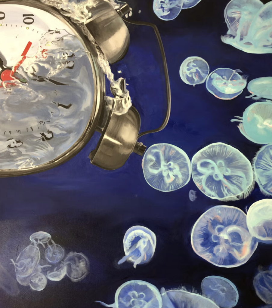 Jellyfish float in front of a dark blue background, and a large alarm clock floats in the top left corner. 