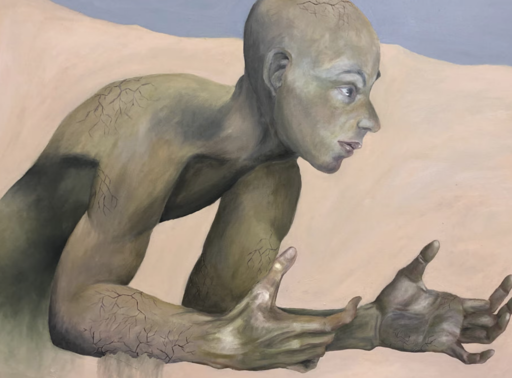 A nude bald figure hunches over with hands curled upwards.