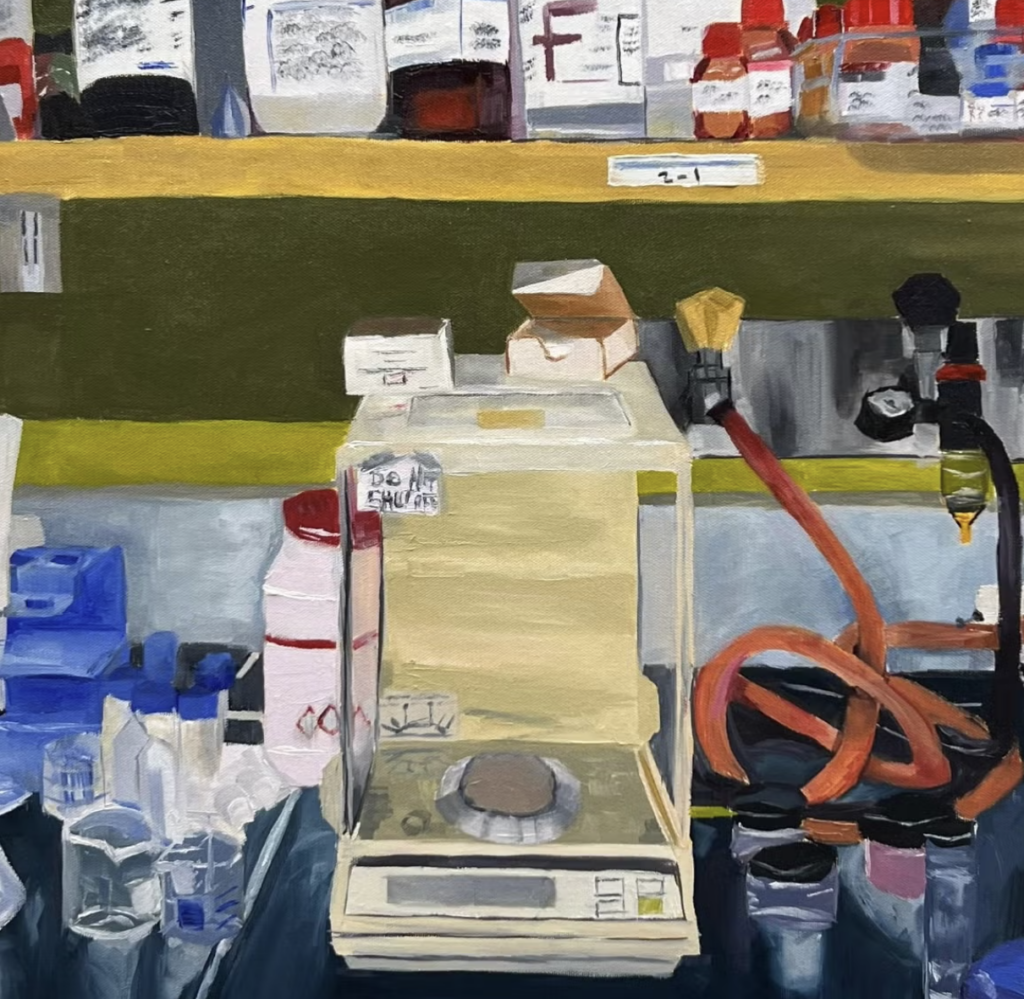 A colorful painting of a pharmacists' work station, with measuring cups and prescription bottles on shelves behind. 