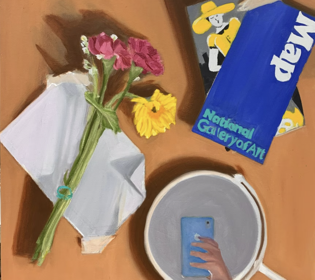 A still life painting showing s bouquet of flowers, a map, and a mirror with the reflection of a smart phone. 