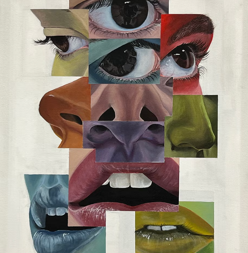 A collection of close up views of noses, eyes, and mouths in different colors.