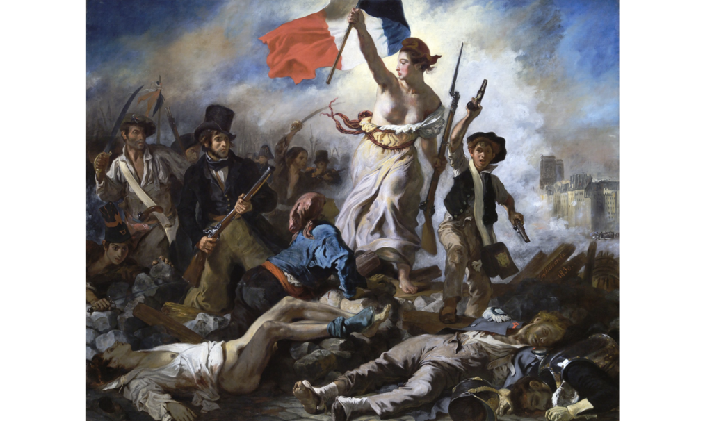 A white woman in a while robe, representing liberty, holds the French flag up amidst crowds of people with weapons and dead bodies in the foreground.