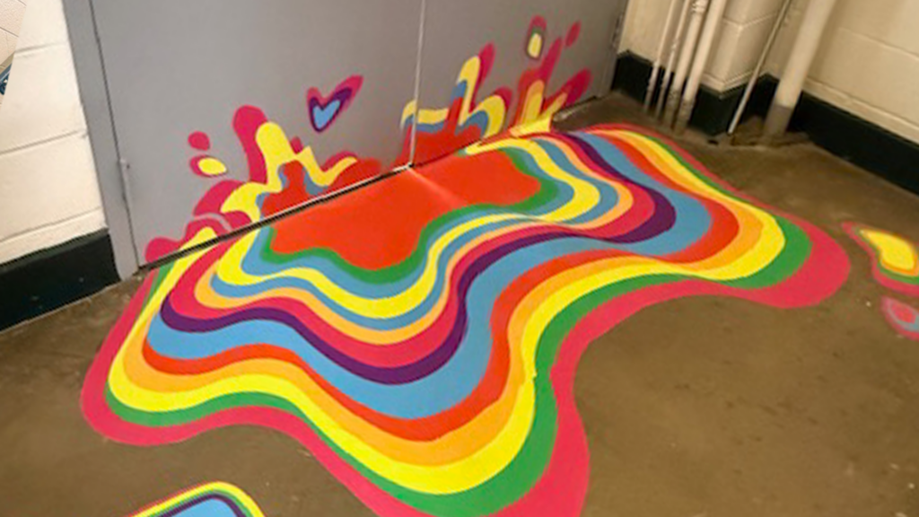 Trippy paint spill on the floor and doors. The optical illusion works!