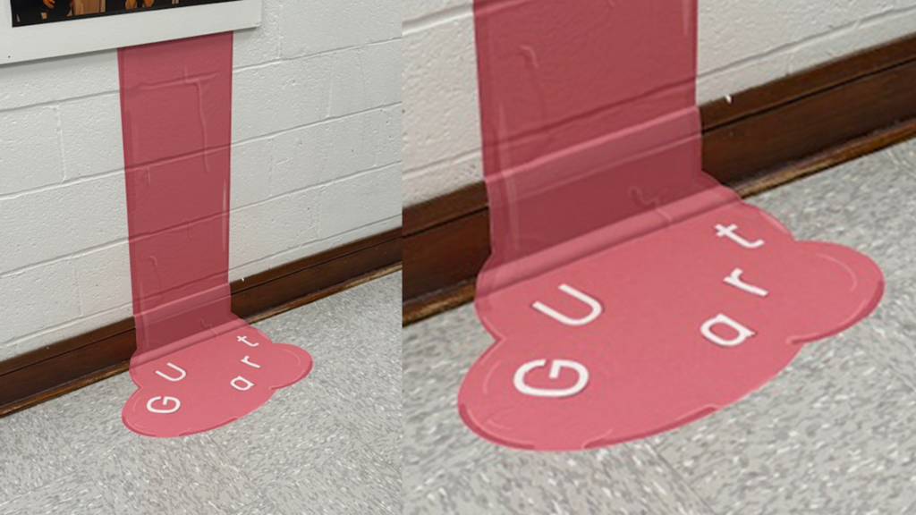 Pink paint dripping down the wall and onto the floor while "GU art" letters float in the spill