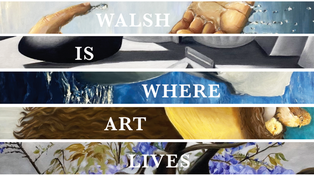 Walsh is where art lives student stair riser graphic. The students used their own paintings from GU classes.