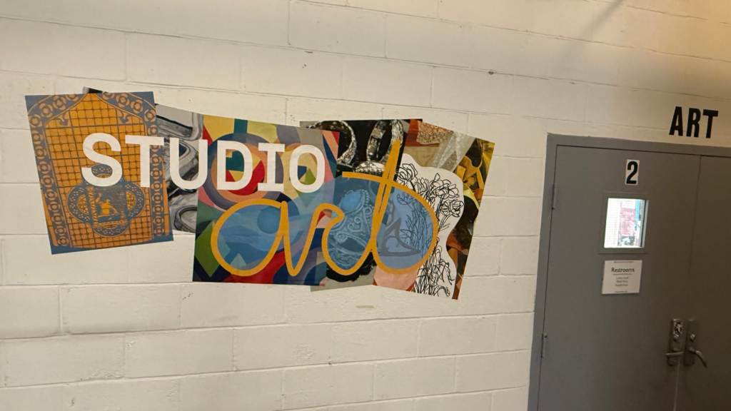 Studio Art large wall graphic filled with student art projects