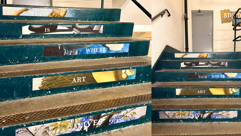 Second set of stair riser graphics staggered and uses all of this student's artwork